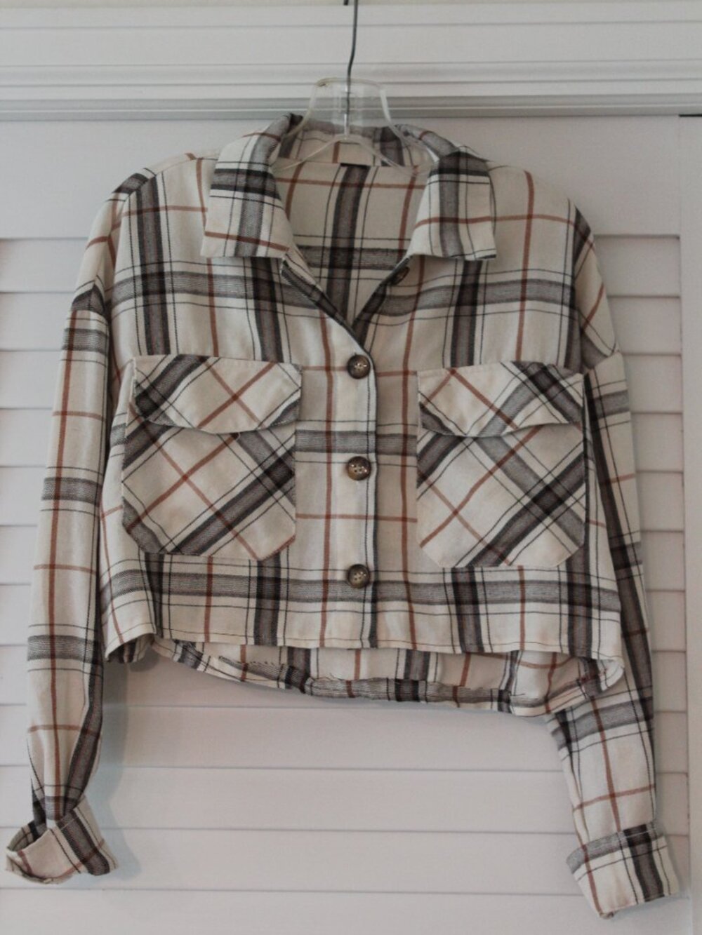 Upcycled cropped long sleeve plaid button up